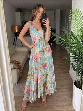 Vintage Komarov Floral Maxi Dress M Romantic Lace Back, Lightweight Summer Boho